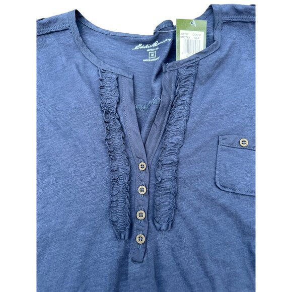 Eddie Bauer Blue Shirt V Neck Tab Sleeves Buttons Size M NWT - Picture 2 of 4